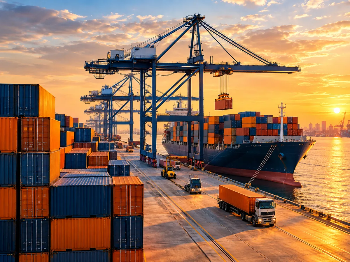 بارگیری کانتینرهای صادراتی روی کشتی در بندر هنگام غروب